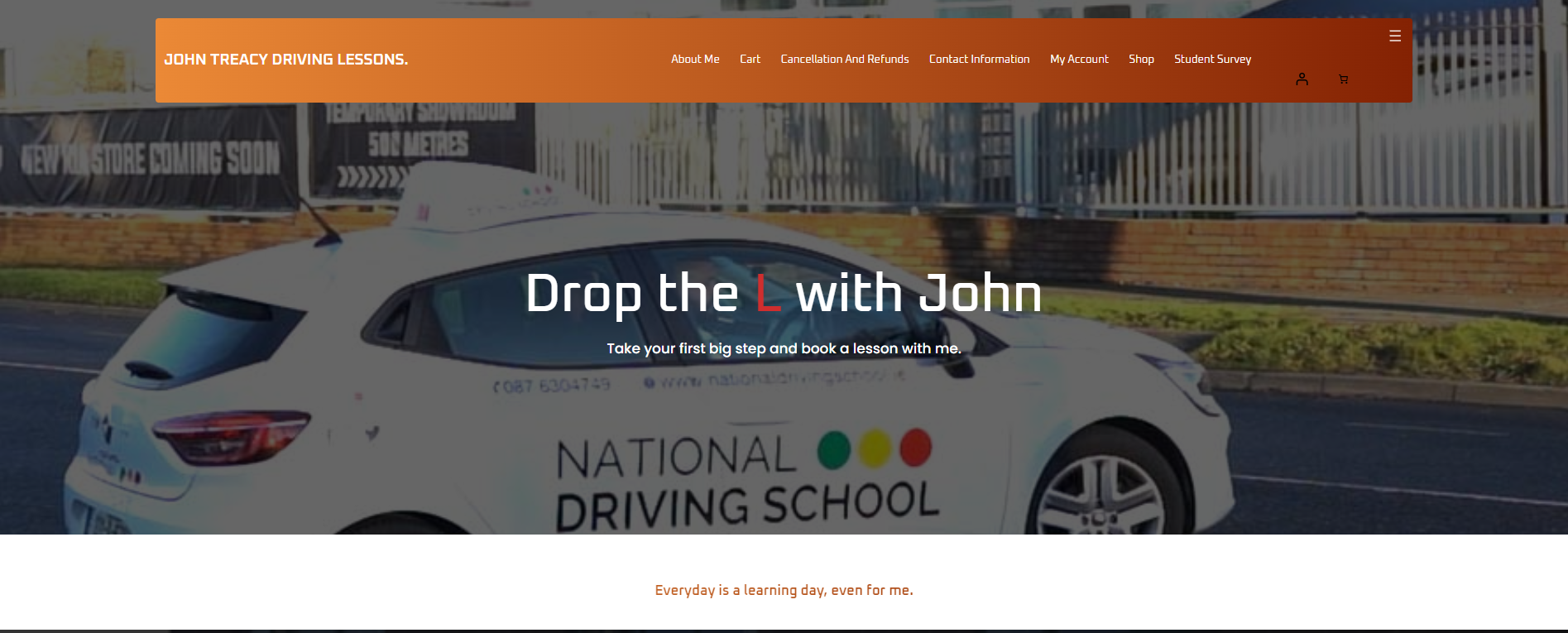 Home screen for website created for John Treacy's driving lessons