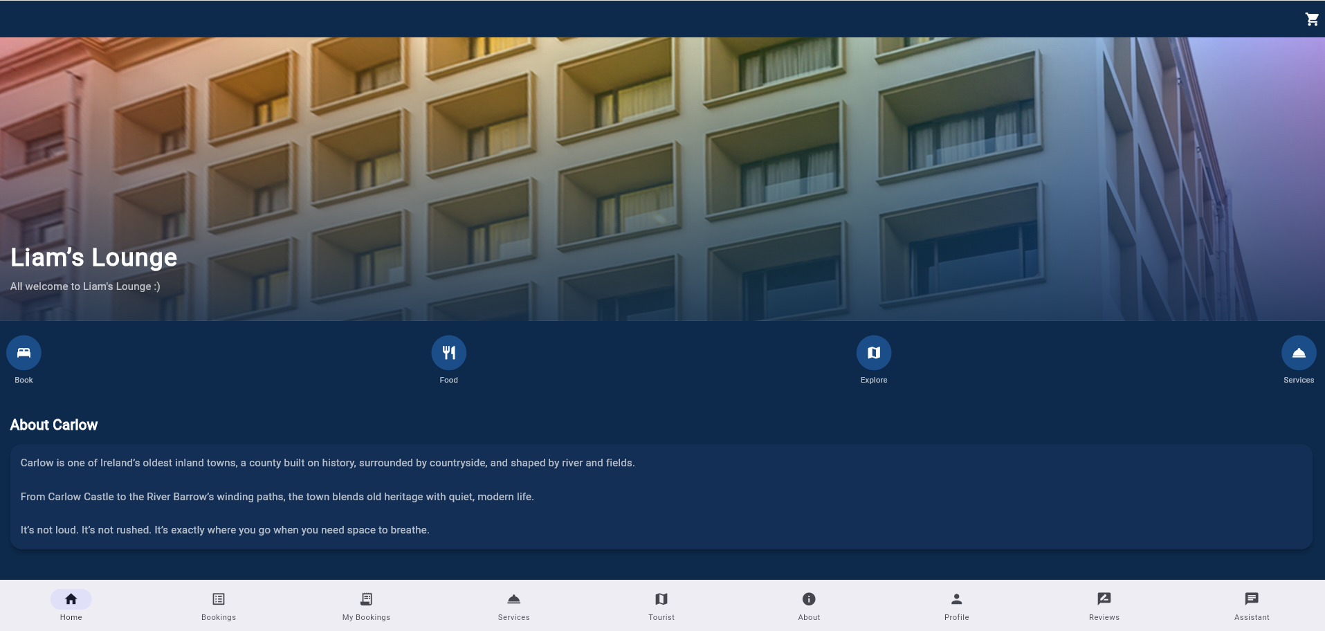 Second screen after log in of Hotel Booking App