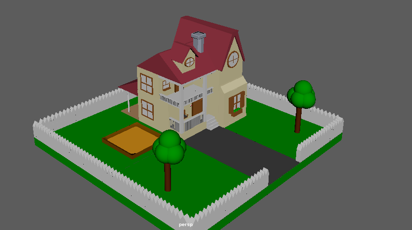 A house model created in Maya with fences, grass and trees